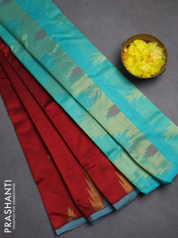 Silk cotton saree maroon and teal blue with zari woven buttas and temple zari woven butta border