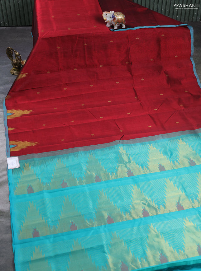 Silk cotton saree maroon and teal blue with zari woven buttas and temple zari woven butta border
