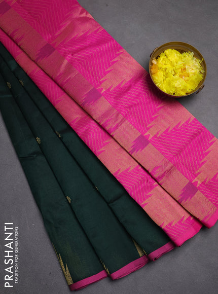 Silk cotton saree bottle green and pink with zari woven buttas and temple zari woven butta border