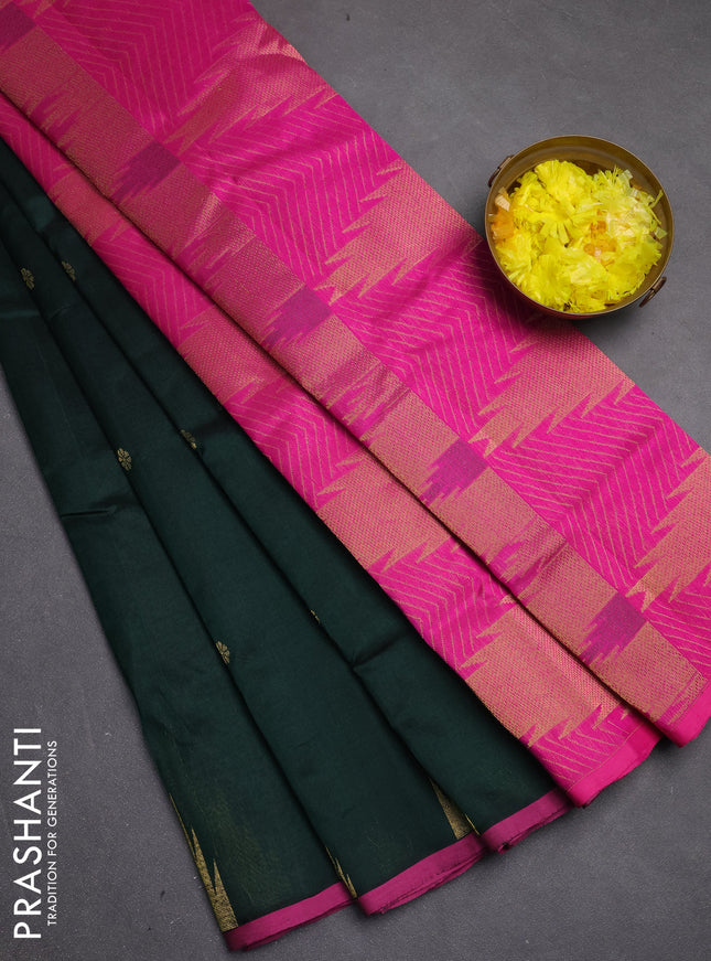 Silk cotton saree bottle green and pink with zari woven buttas and temple zari woven butta border
