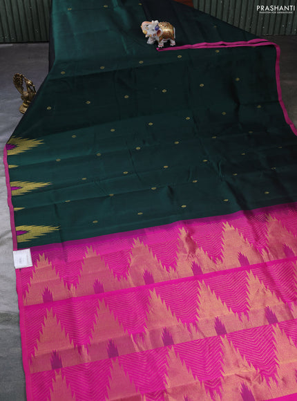 Silk cotton saree bottle green and pink with zari woven buttas and temple zari woven butta border