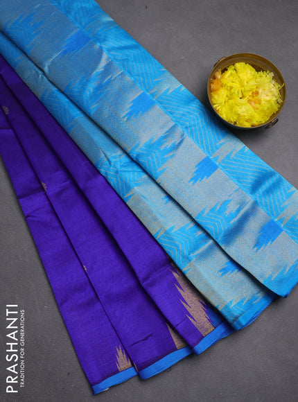 Silk cotton saree royal blue and blue with zari woven buttas and temple zari woven butta border