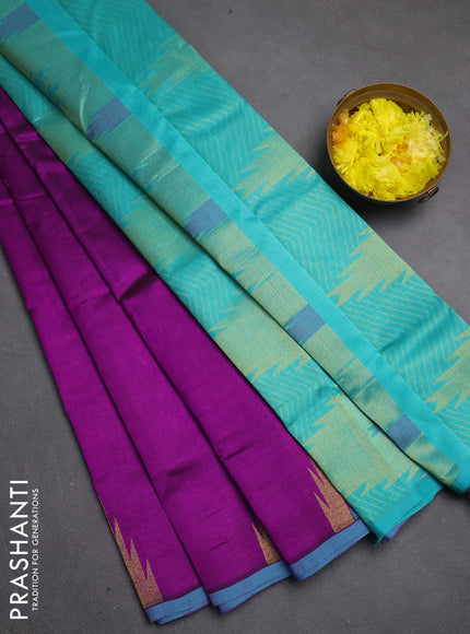 Silk cotton saree purple and teal blue with zari woven buttas and temple zari woven butta border
