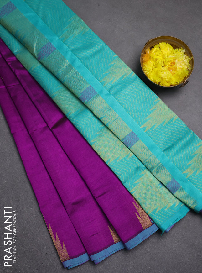 Silk cotton saree purple and teal blue with zari woven buttas and temple zari woven butta border