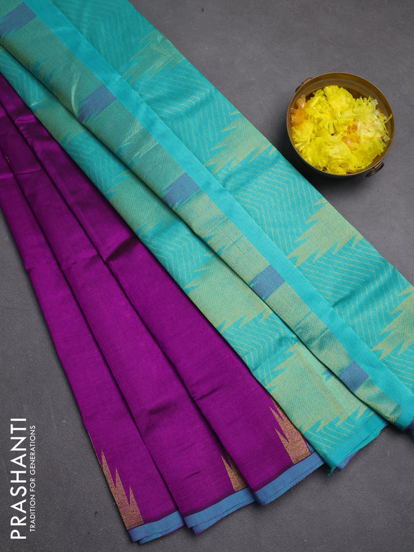 Silk cotton saree purple and teal blue with zari woven buttas and temple zari woven butta border