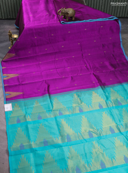 Silk cotton saree purple and teal blue with zari woven buttas and temple zari woven butta border