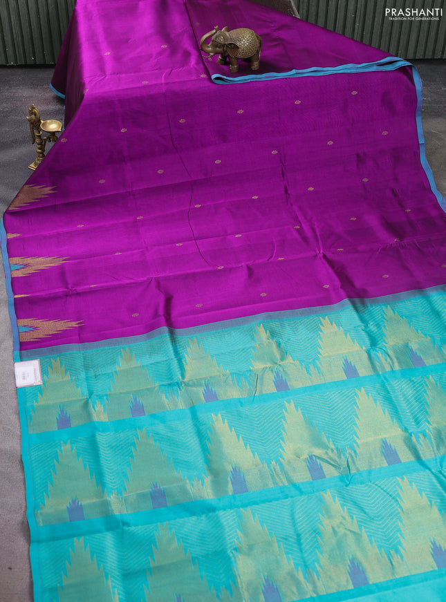 Silk cotton saree purple and teal blue with zari woven buttas and temple zari woven butta border