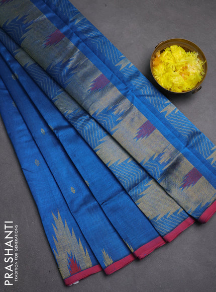 Silk cotton saree cs blue and maroon with zari woven buttas and temple zari woven butta border