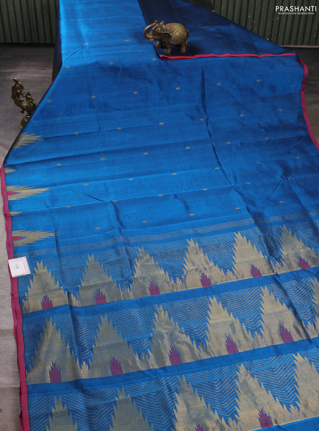 Silk cotton saree cs blue and maroon with zari woven buttas and temple zari woven butta border
