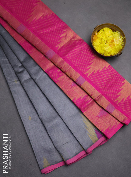 Silk cotton saree grey and pink with zari woven buttas and temple zari woven butta border