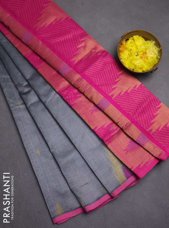 Silk cotton saree grey and pink with zari woven buttas and temple zari woven butta border