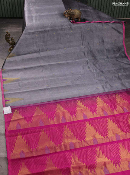 Silk cotton saree grey and pink with zari woven buttas and temple zari woven butta border