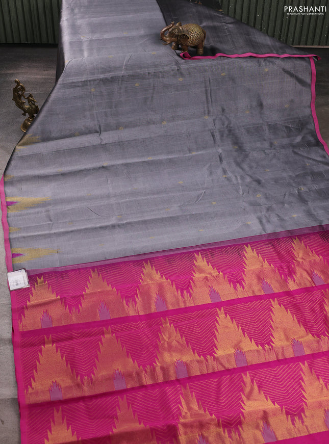 Silk cotton saree grey and pink with zari woven buttas and temple zari woven butta border