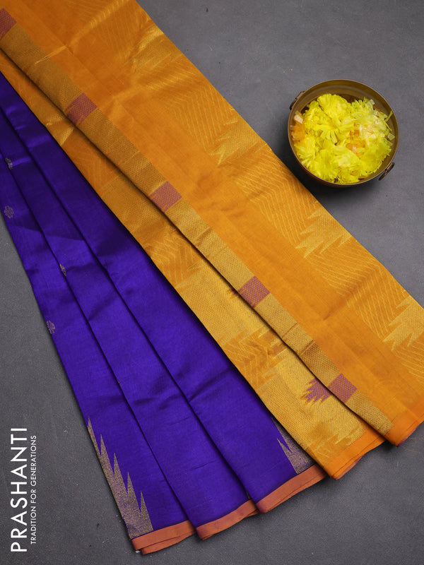 Silk cotton saree royal blue and mustard yellow with zari woven buttas and temple zari woven butta border