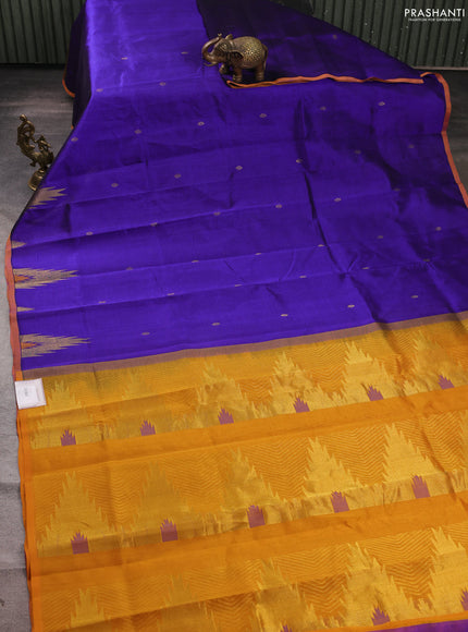 Silk cotton saree royal blue and mustard yellow with zari woven buttas and temple zari woven butta border