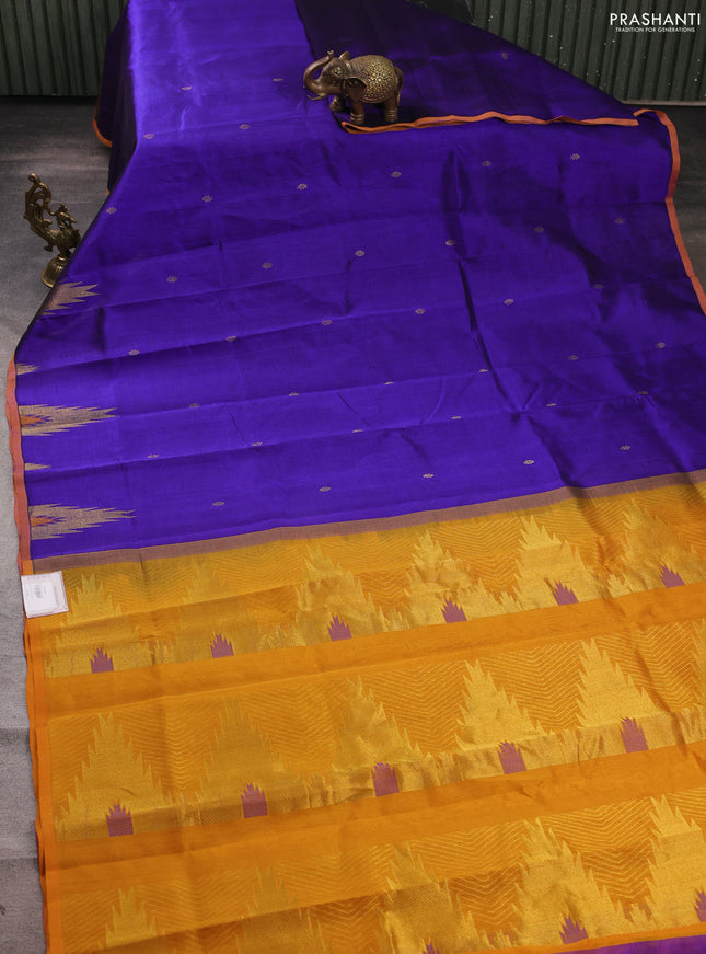Silk cotton saree royal blue and mustard yellow with zari woven buttas and temple zari woven butta border