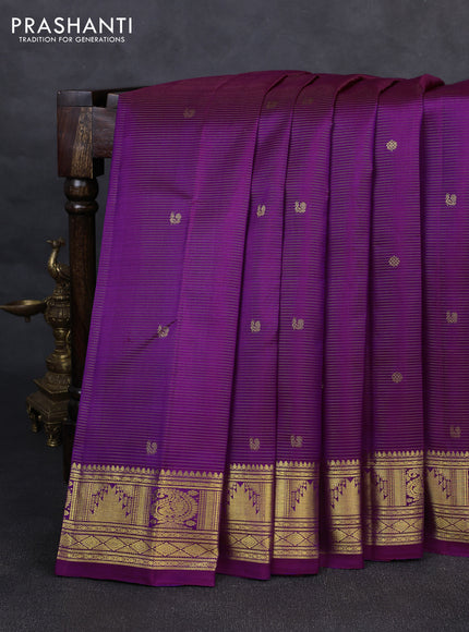 Pure kanchipurams silk saree purple with allover vairaosi pattern & zari buttas and temple & paisley zari woven border