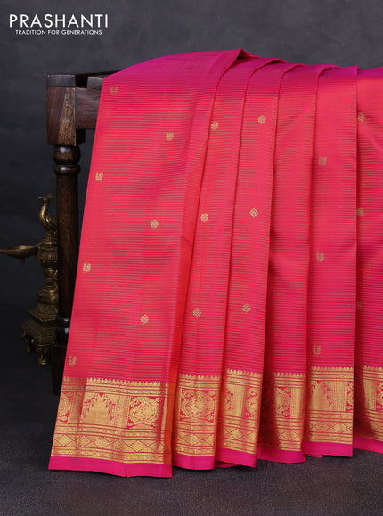 Pure kanchipurams silk saree pink with allover vairaosi pattern & zari buttas and temple & paisley zari woven border