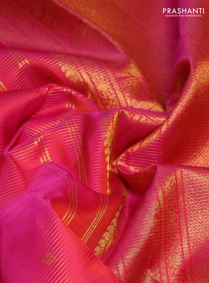 Pure kanchipurams silk saree pink with allover vairaosi pattern & zari buttas and temple & paisley zari woven border