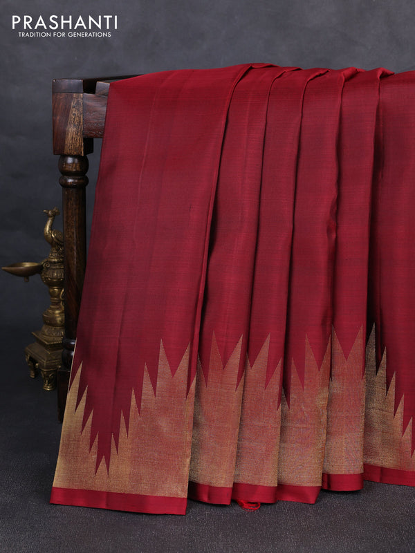 Pure kanchipurams silk saree maroon with zari woven buttas and temple design zari woven border