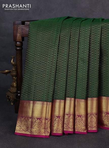 Pure kanchipurams silk saree green and magenta pink with allover small checks & buttas and rich zari woven border