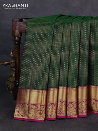 Pure kanchipurams silk saree green and magenta pink with allover small checks & buttas and rich zari woven border