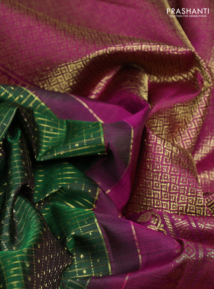 Pure kanchipurams silk saree green and magenta pink with allover small checks & buttas and rich zari woven border