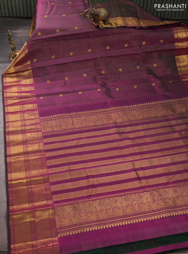 Pure kanchipurams silk saree dual shade of greenish purple with allover small checks & buttas and rich zari woven border