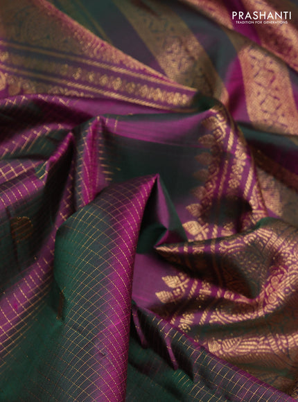 Pure kanchipurams silk saree dual shade of greenish purple with allover small checks & buttas and rich zari woven border
