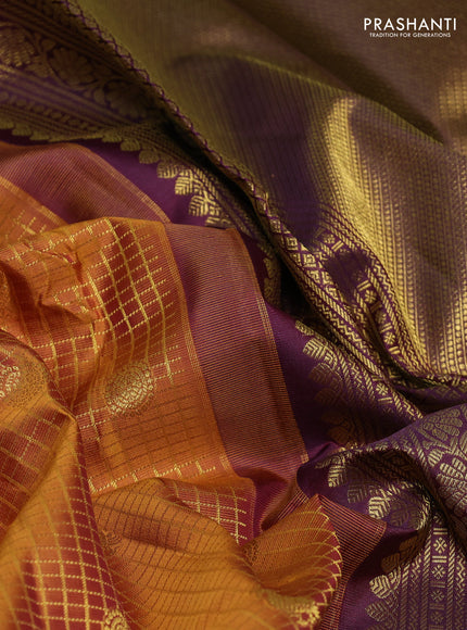 Pure kanchipurams silk saree dark mustard and purple with allover small checks & buttas and rich zari woven border