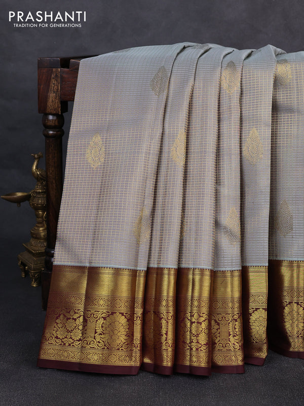 Pure kanchipurams silk saree grey and coffee brown with allover small checks & buttas and rich zari woven border
