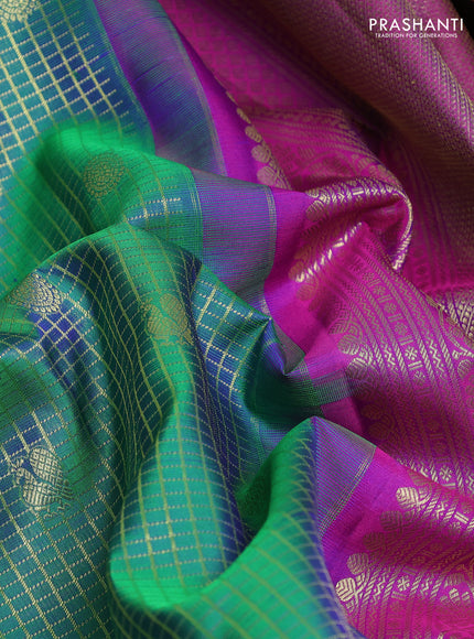 Pure kanchipurams silk saree teal green and purple with allover small zari checks & buttas and long zari woven border