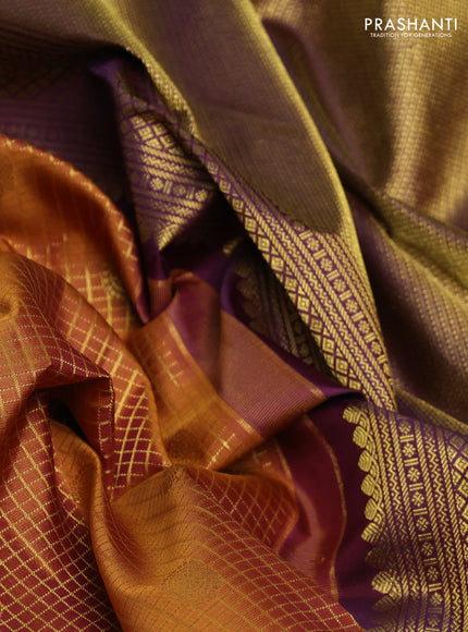 Pure kanchipurams silk saree dark mustard and deep purple with allover small zari checks & buttas and long zari woven border