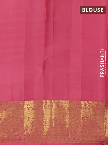 Pure kanchipurams silk saree teal blue and peach pink with allover small zari checks & buttas and long zari woven border