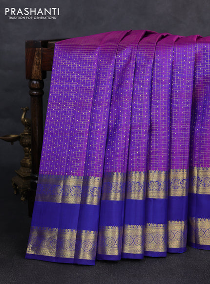 Pure kanchipurams silk saree purple and blue with allover small zari checks & buttas and rettapet zari woven border