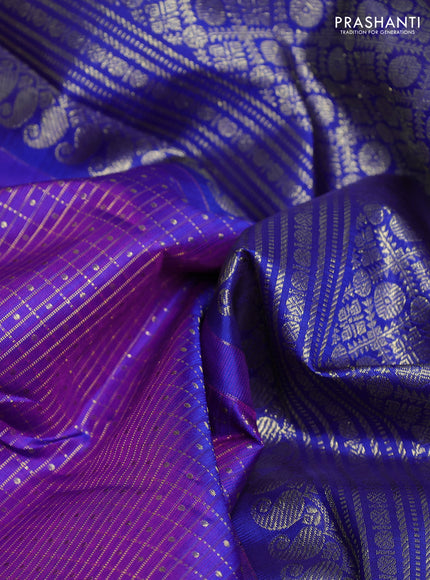 Pure kanchipurams silk saree purple and blue with allover small zari checks & buttas and rettapet zari woven border