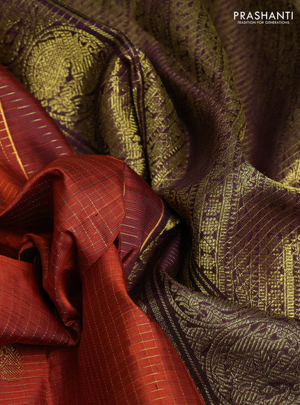 Pure kanchipurams silk saree rust shade and wine shade with allover small zari checks & buttas and rettapet zari woven border