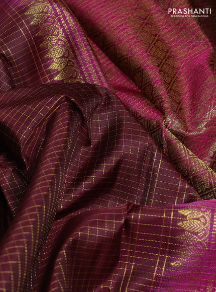 Pure kanchipurams silk saree deep maroon and dark magenta pink with allover small zari woven checked pattern and rettapet zari woven border
