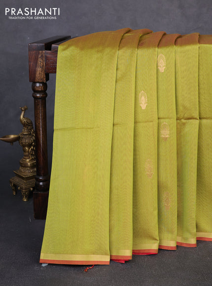 Maheswari silk cotton saree light green and red with zari woven buttas and small zari woven border