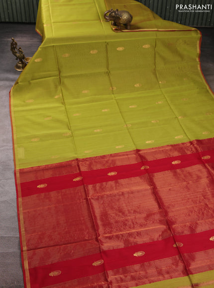 Maheswari silk cotton saree light green and red with zari woven buttas and small zari woven border
