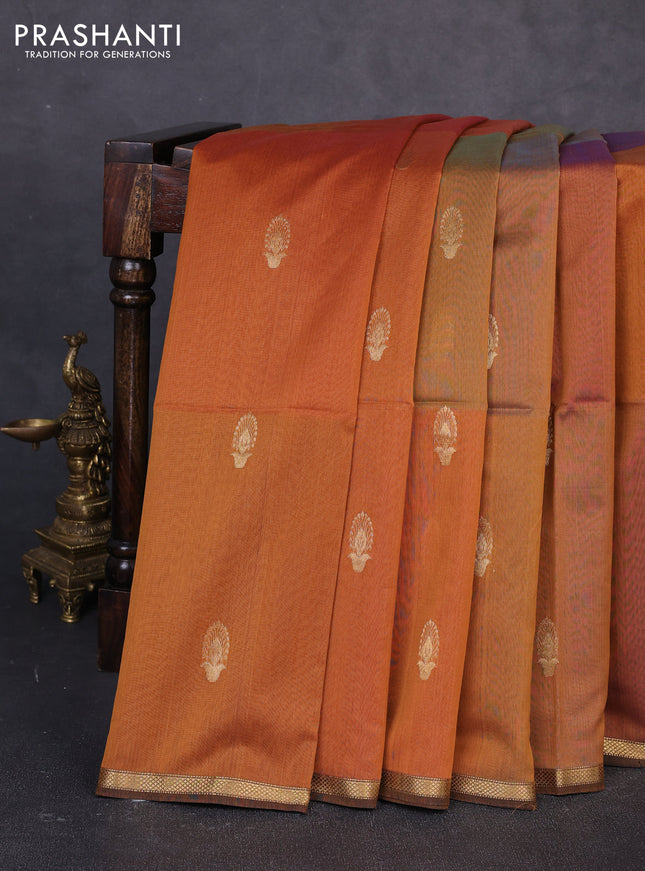Maheswari silk cotton saree dark mustard with zari woven buttas and small zari woven border