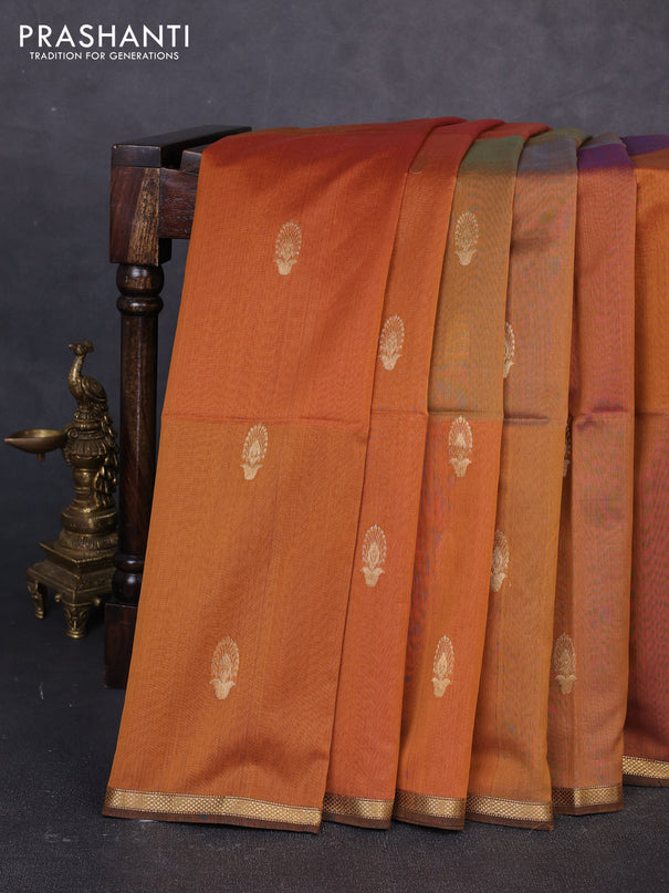 Maheswari silk cotton saree dark mustard with zari woven buttas and small zari woven border