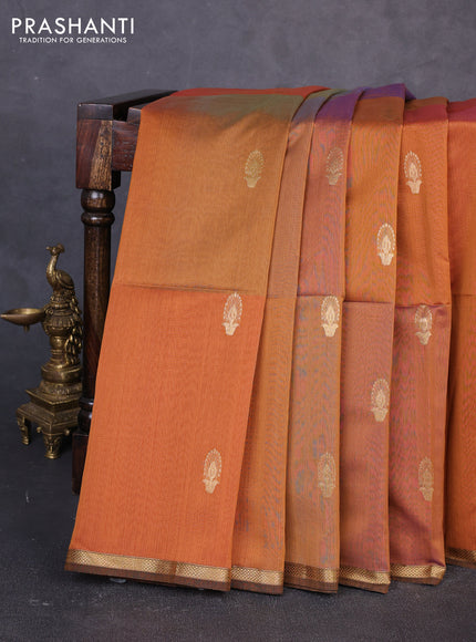 Maheswari silk cotton saree rust shade and dark mustard with zari woven buttas and small zari woven border