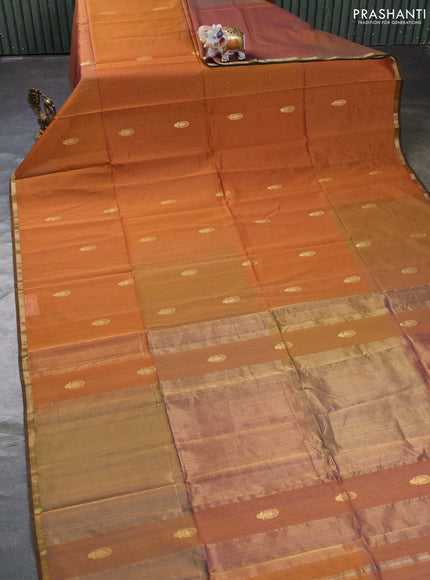 Maheswari silk cotton saree rust shade and dark mustard with zari woven buttas and small zari woven border