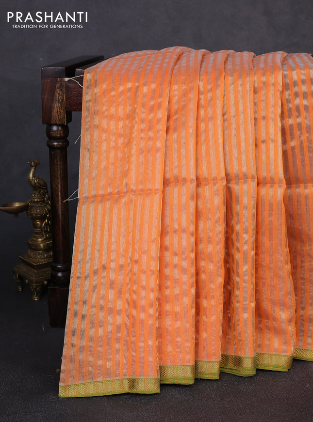 Maheswari silk cotton saree orange and green with allover stripe pattern and zari woven border