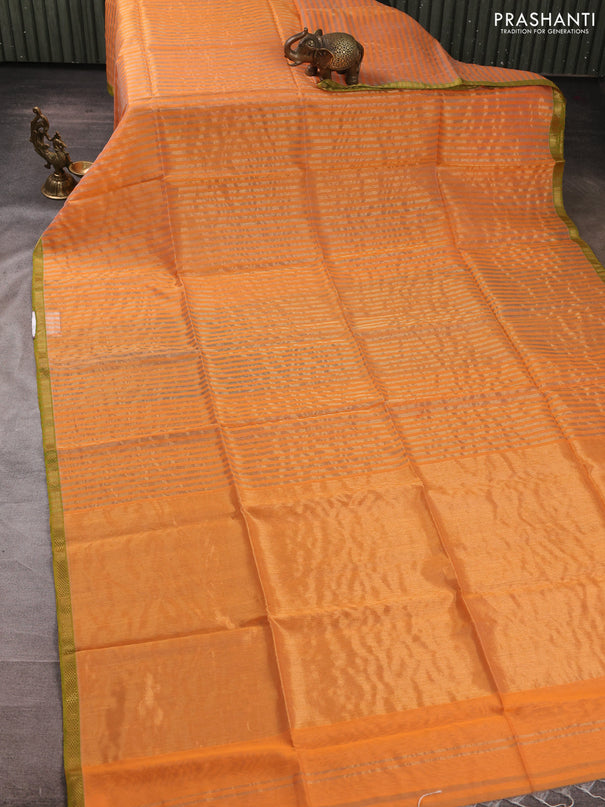 Maheswari silk cotton saree orange and green with allover stripe pattern and zari woven border