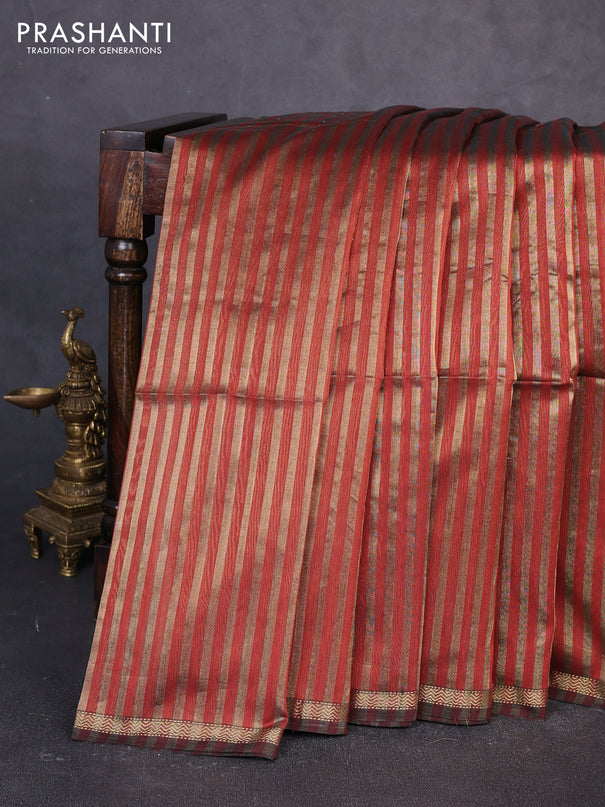 Maheswari silk cotton saree rust shade with allover stripe pattern and zari woven border