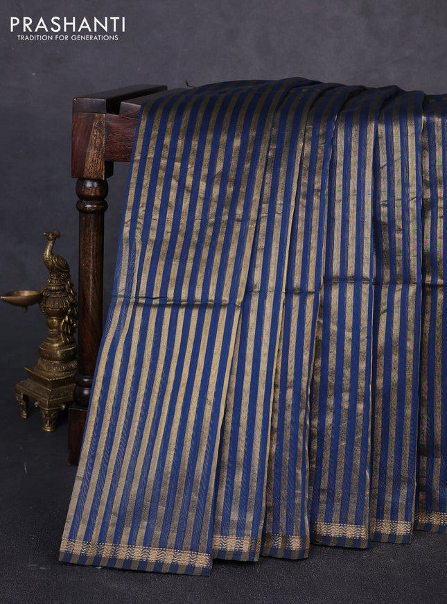 Maheswari silk cotton saree peacock blue with allover stripe pattern and zari woven border
