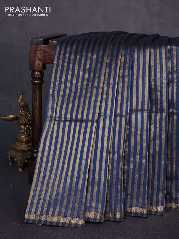 Maheswari silk cotton saree peacock blue with allover stripe pattern and zari woven border