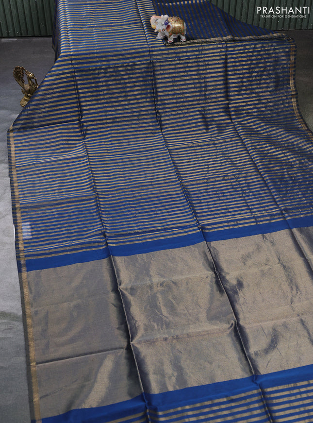Maheswari silk cotton saree peacock blue with allover stripe pattern and zari woven border